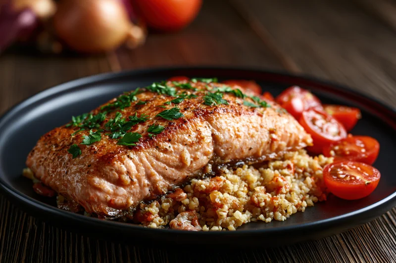 Pan-seared salmon fillet with golden-brown crust served on black plate with bulgur and cherry tomatoes on wooden table