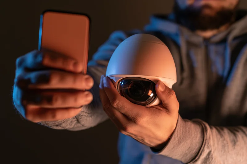 Man holding white dome security camera and smartphone for remote control