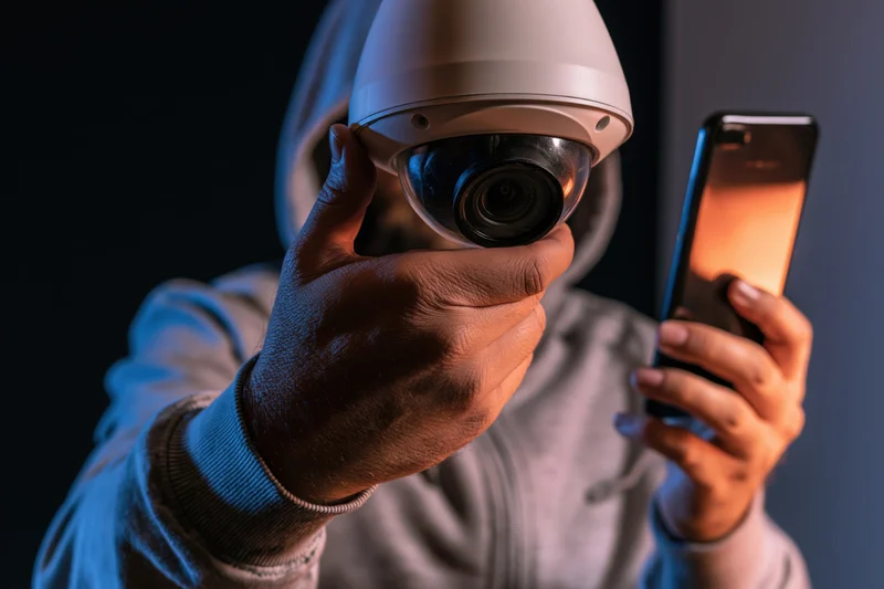 Hooded person holding white dome security camera and smartphone in dark indoor setting