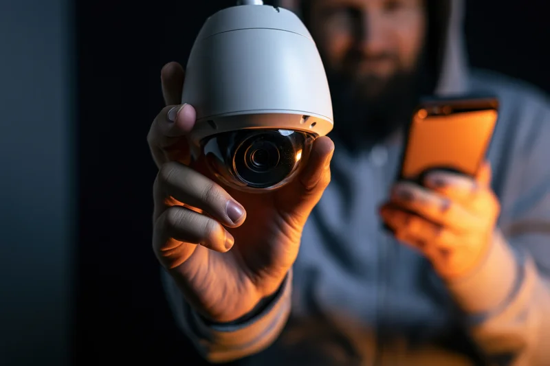 Man holding white dome security camera in one hand and smartphone in the other, dimly lit indoor setting