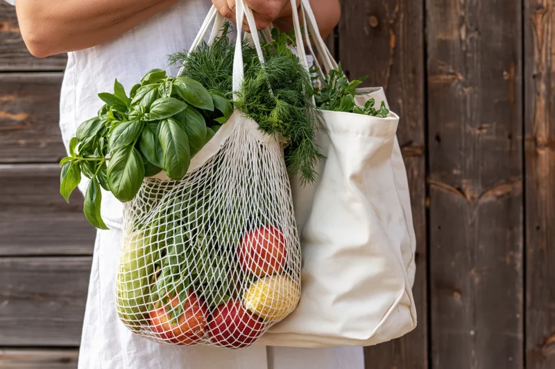 Woman holding two reusable shopping bags filled with fresh produce and herbs against wooden background
