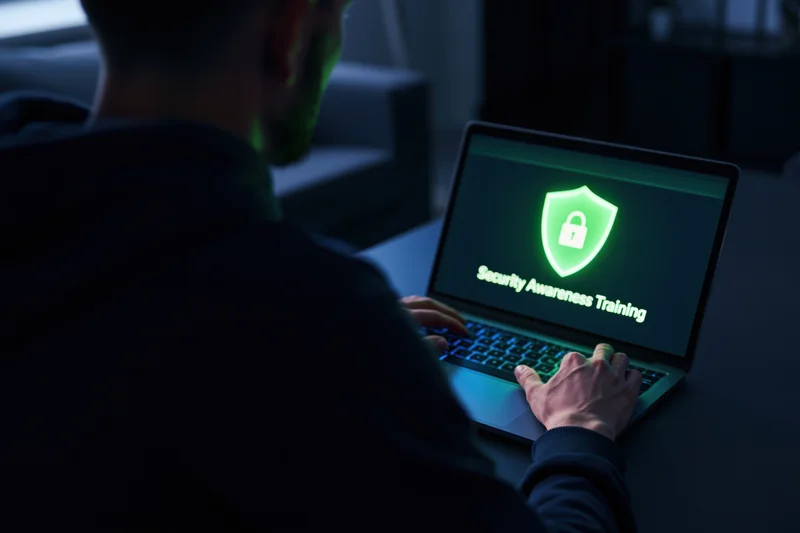 Man from behind using laptop with security awareness training screen in dim room