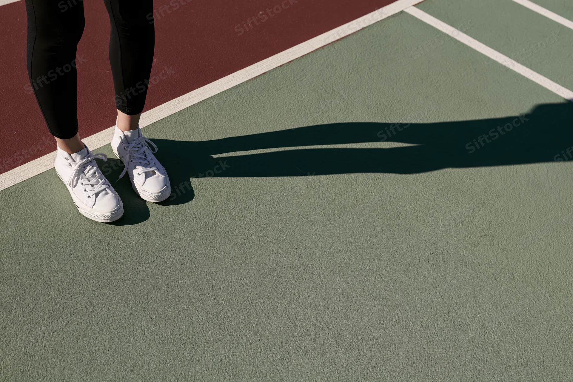 Person standing still on outdoor sports court wearing white sneakers and black leggings
