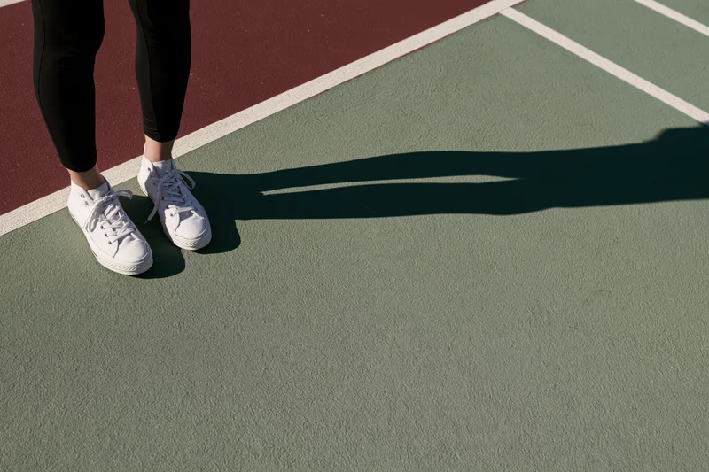 Person standing still on outdoor sports court wearing white sneakers and black leggings