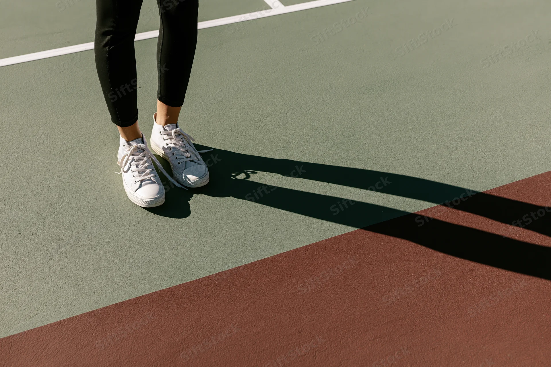 Woman standing on outdoor sports court wearing white sneakers and black leggings, casting long shadow in sunlight