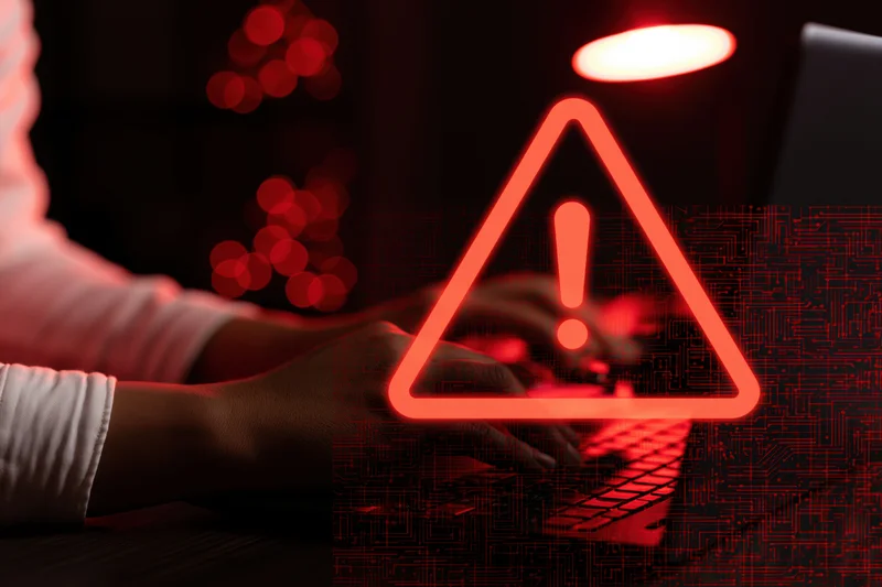 Hands typing on laptop with glowing red warning symbol overlay in dark room