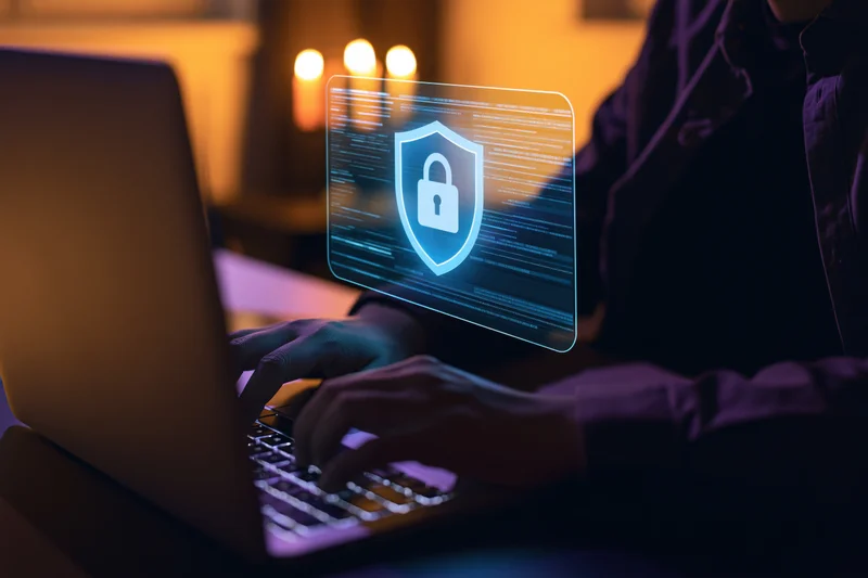 Person typing on laptop with holographic security shield in dark room