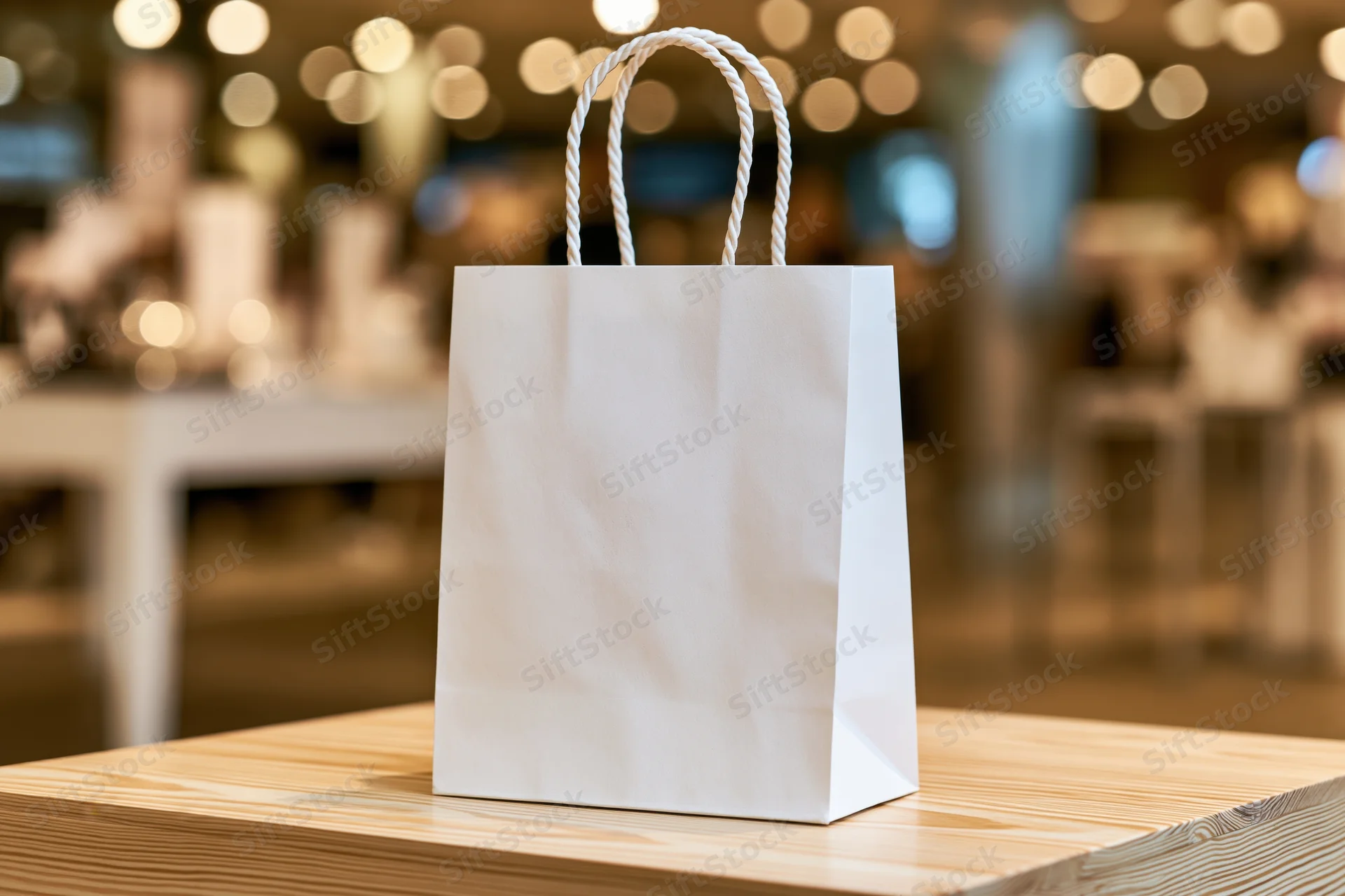 White paper shopping bag with twisted rope handle on wooden table in retail store interior