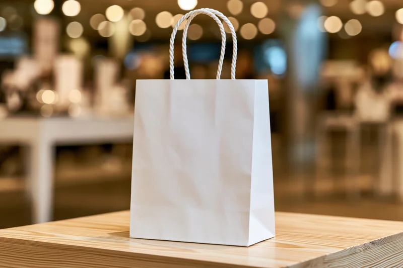 White paper shopping bag with twisted rope handle on wooden table in retail store interior