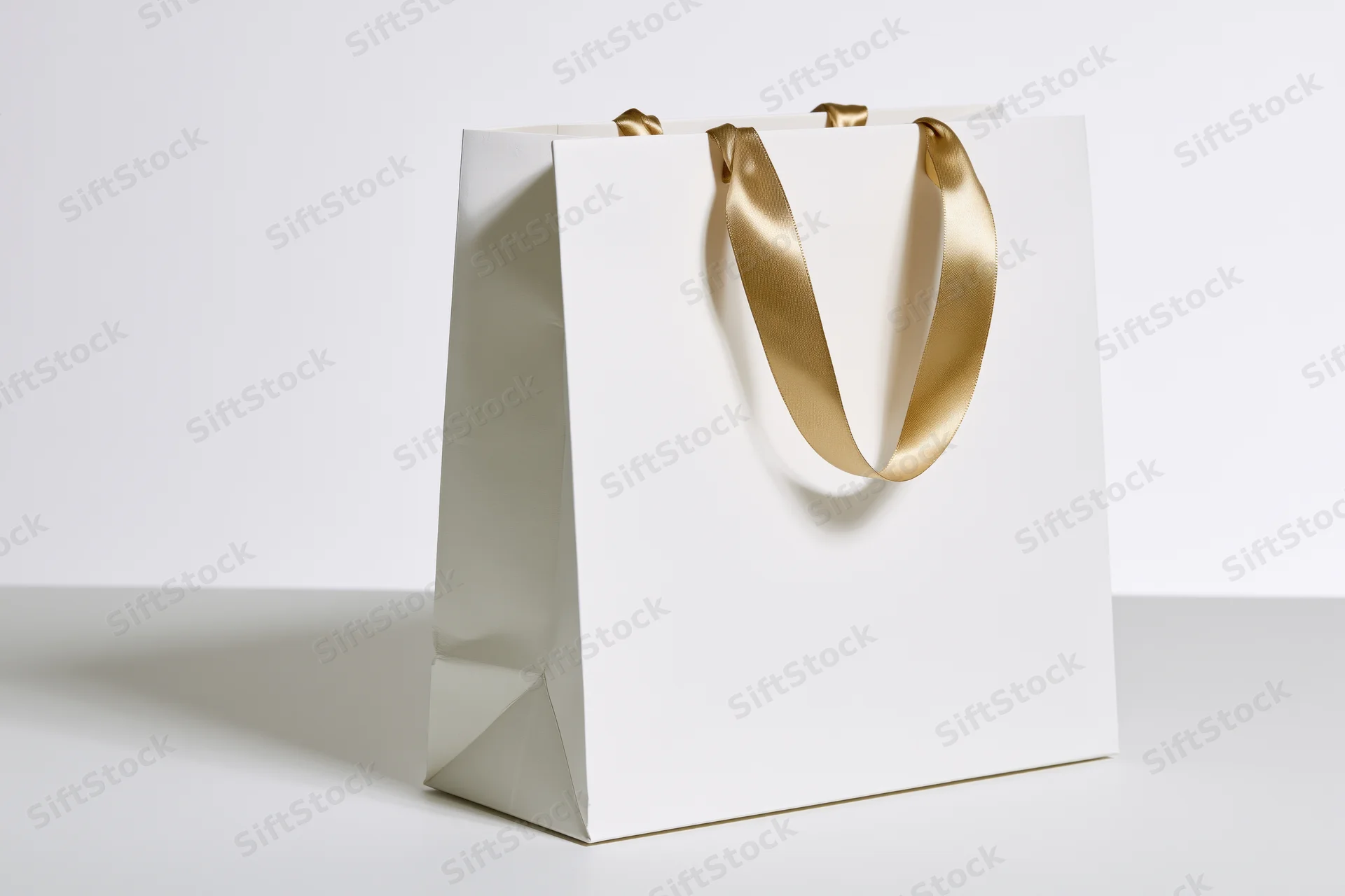 White paper shopping bag with gold satin ribbon handles on a plain white surface
