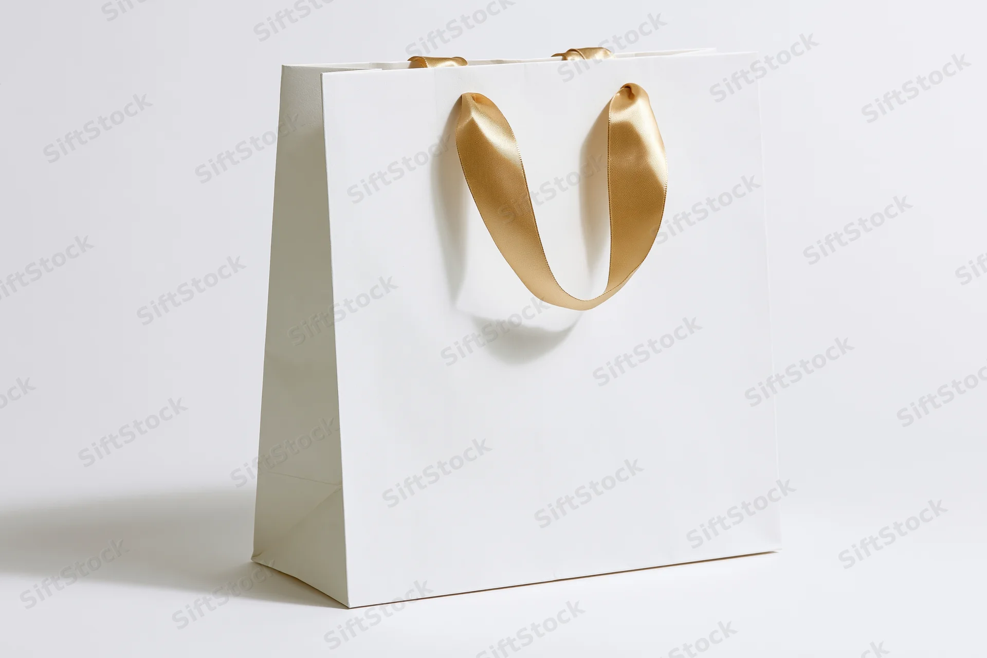 White paper shopping bag with gold satin ribbon handles on plain white background