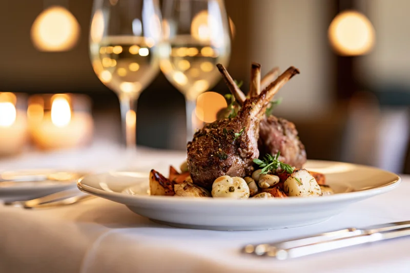 Rack of lamb with roasted vegetables and herbs served on a white plate at a restaurant table with wine glasses and cutlery