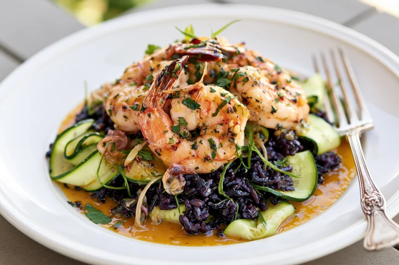 Sauteed shrimp over black rice with zucchini and herbs on a white plate with a fork