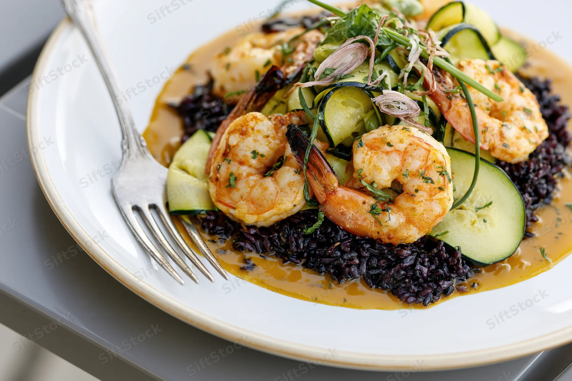 Sautéed shrimp over black rice with zucchini and sauce on a white plate with fork