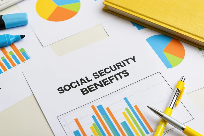 Printed document titled social security benefits with colorful charts and graphs on a desk surrounded by pens and notebooks