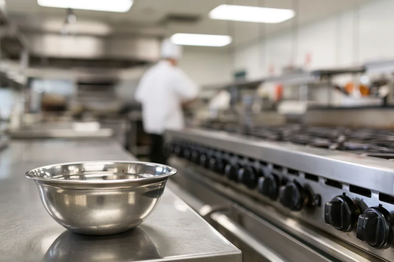 Stainless steel bowl on countertop in commercial kitchen with chef cooking in background