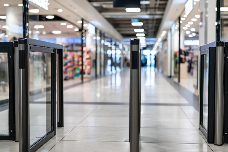Security sensor gates at store entrance in a retail corridor