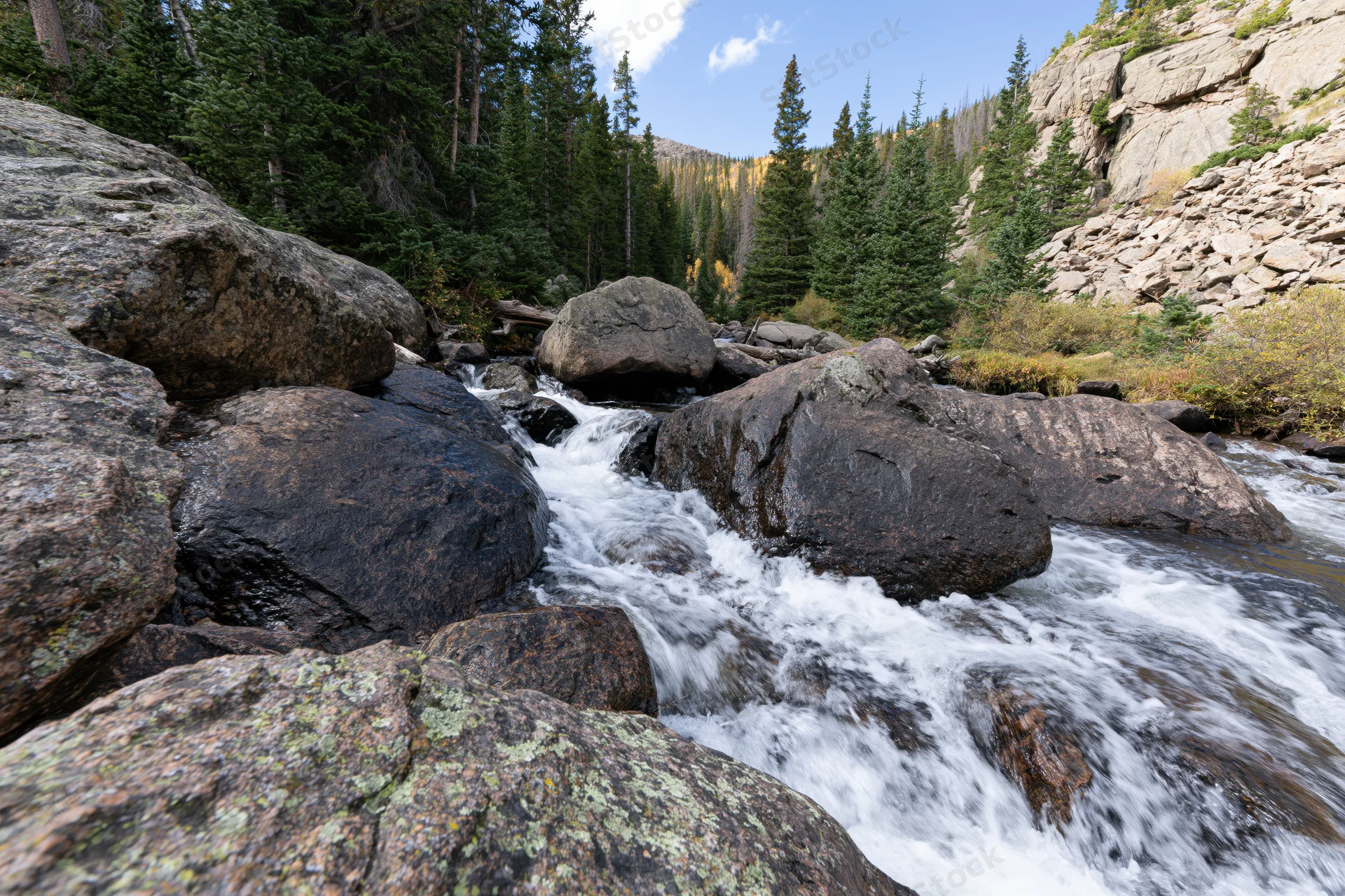 Mountain stream rushing over large boulders through a forested valley
