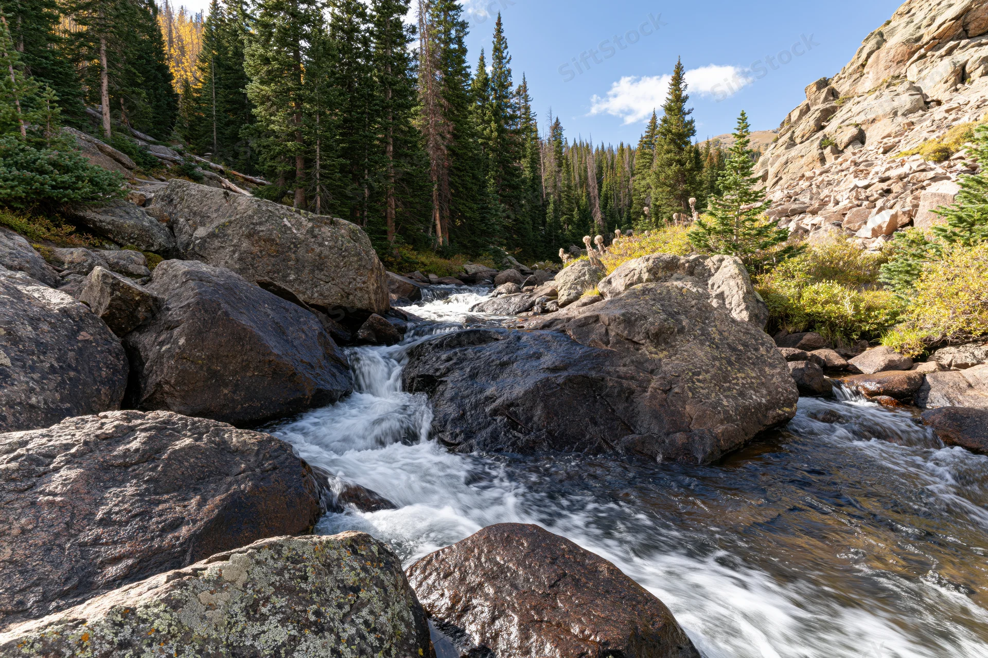 Mountain stream rushing over large boulders through a forested valley