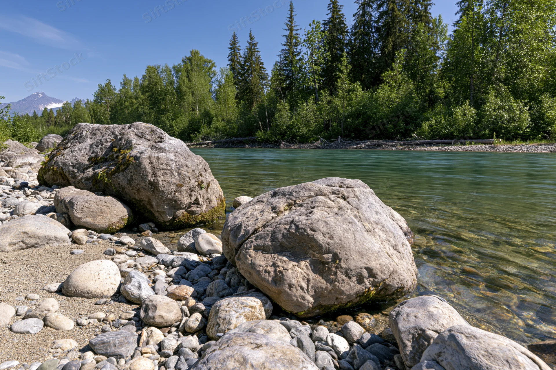 Clear mountain river flowing past large rocks and gravel shoreline with evergreen forest in background