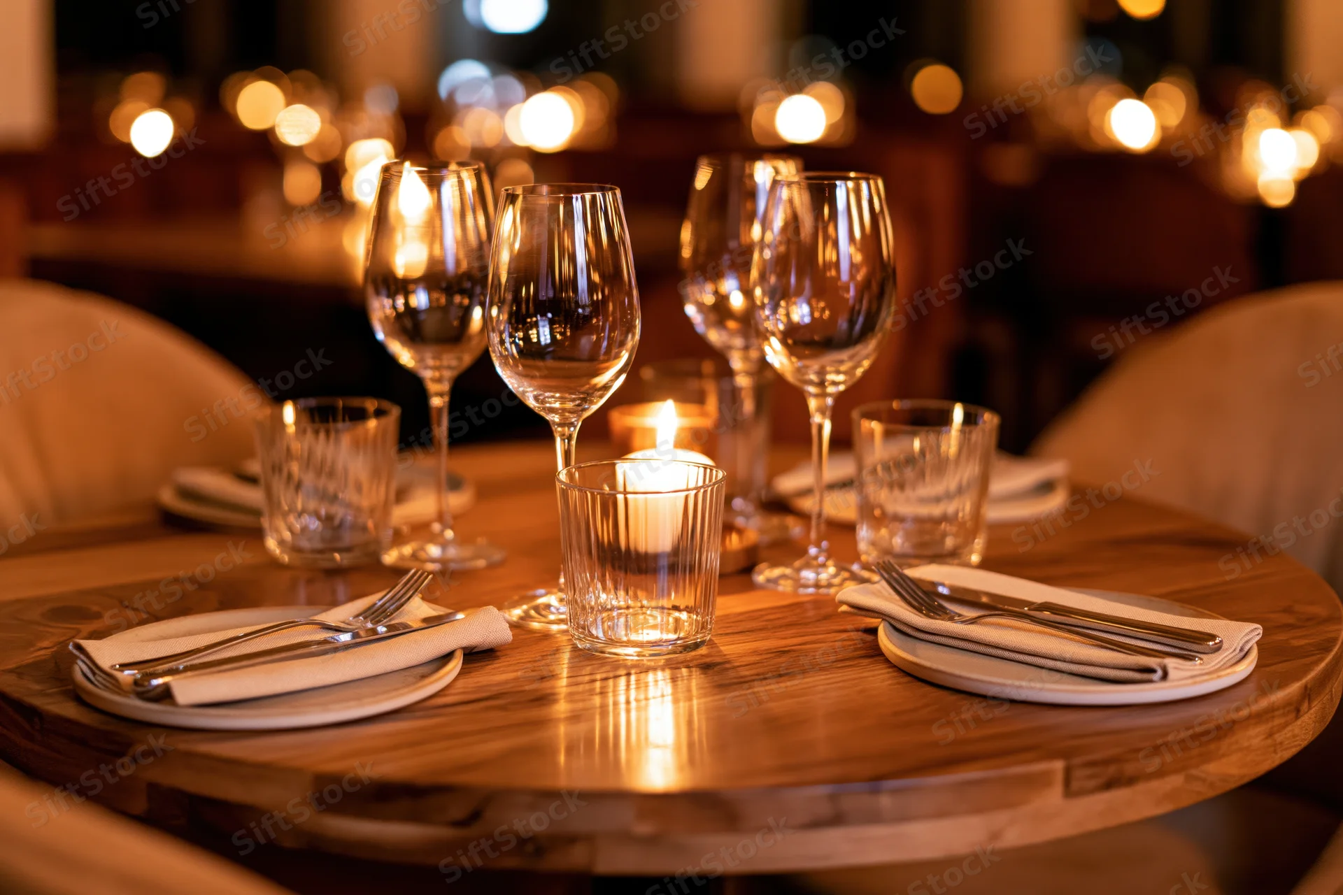 Round wooden dining table set for four with crystal wine glasses and candle centerpiece in a dimly lit restaurant interior