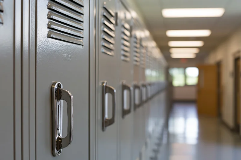 Row of closed metal school lockers lining an empty hallway with fluorescent lighting and perspective depth