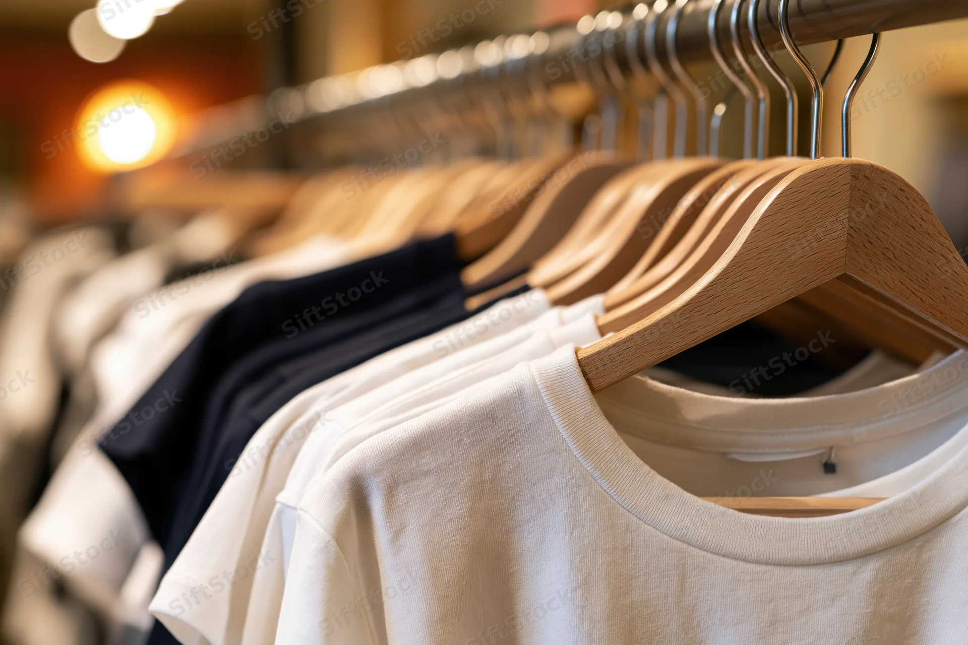 Row of t-shirts on wooden hangers in a clothing store display