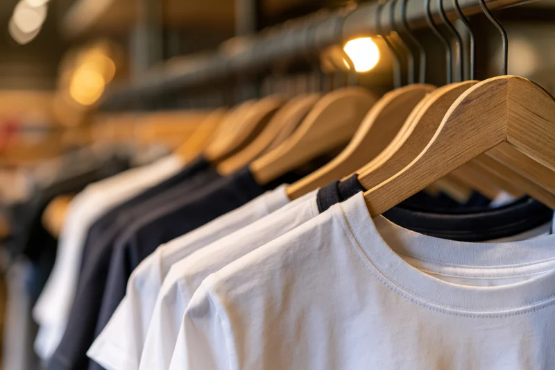 Row of t-shirts on wooden hangers in a clothing store display