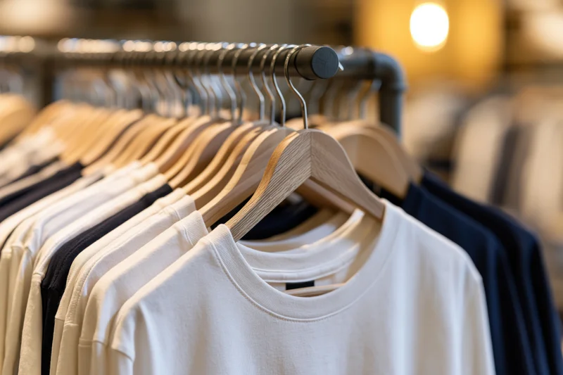 Row of t-shirts on wooden hangers arranged on metal rack in retail store interior
