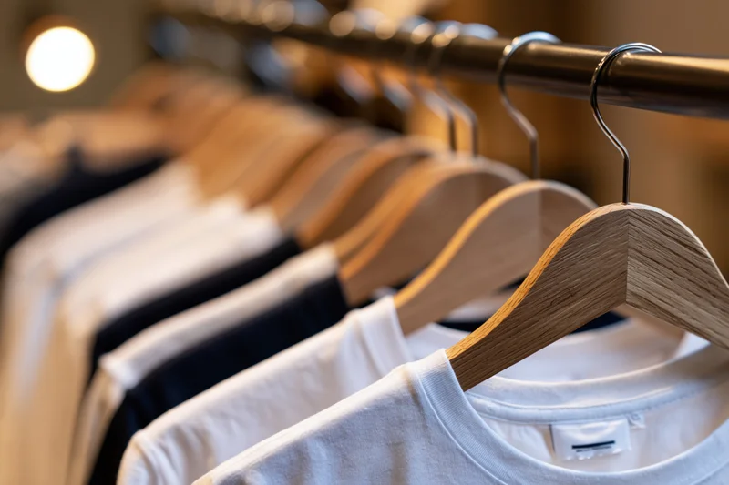 White and black t-shirts on wooden hangers arranged in a row along a metal rack in a retail store