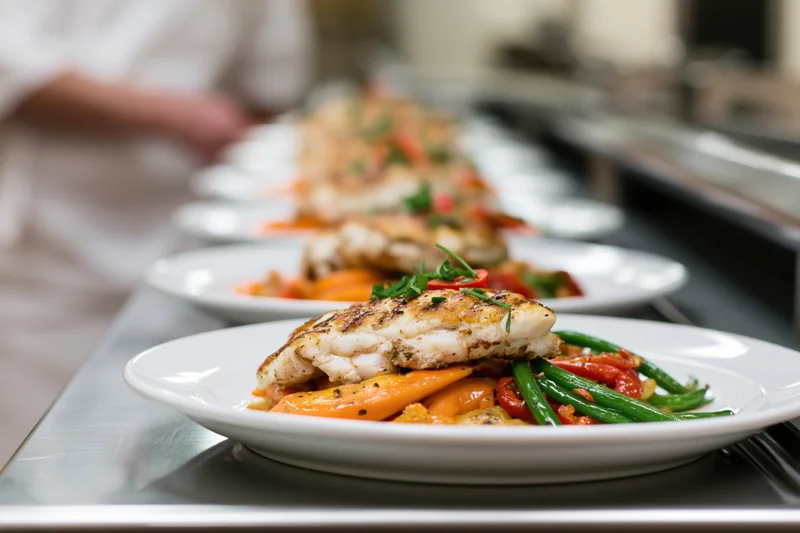 Row of identical plated fish dishes lined up on a stainless steel counter in a professional kitchen