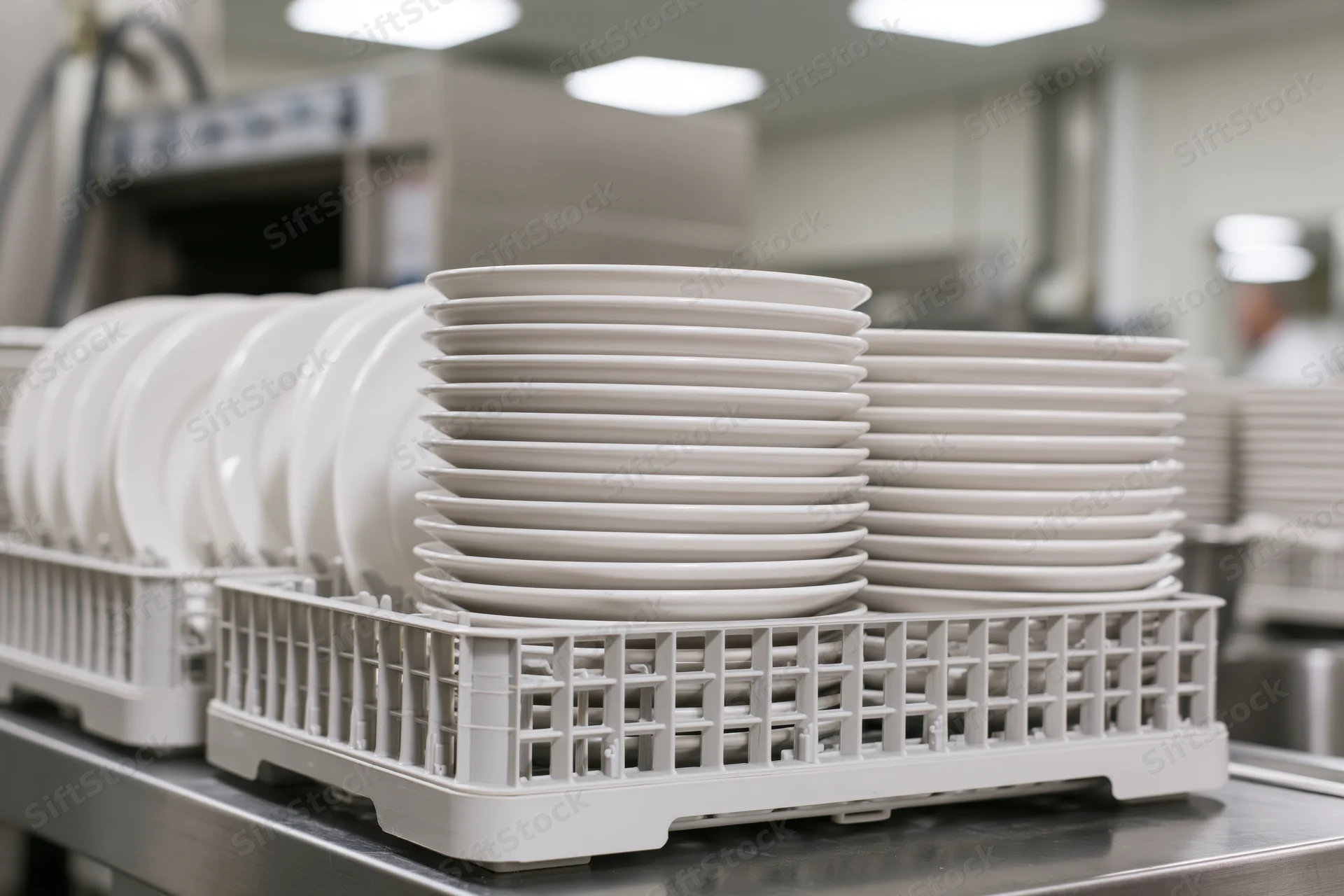 Stacks of clean white ceramic dinner plates arranged in plastic racks on a stainless steel countertop in a commercial kitchen