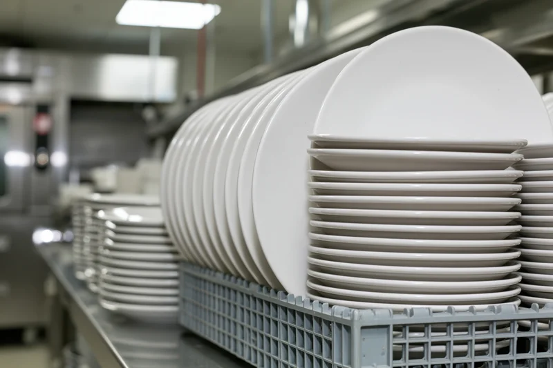 Stacks of clean white ceramic dinner plates arranged in a gray plastic rack in a commercial kitchen