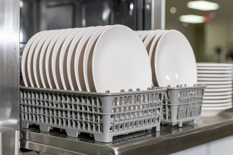 Clean white ceramic plates stacked upright in gray plastic racks on stainless steel shelf in commercial kitchen