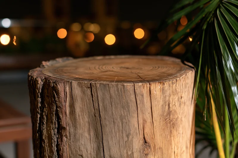 Rustic wooden tree stump used as outdoor furniture beside a palm plant with warm bokeh lights in the background