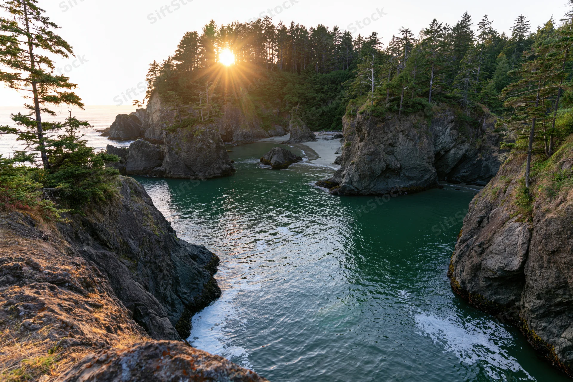 Secluded sea cove surrounded by rocky cliffs and evergreen forest at sunset