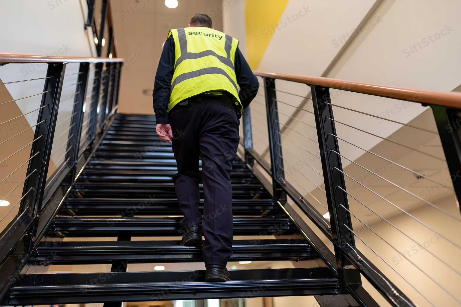 Security guard walking up metal stairs inside a modern building