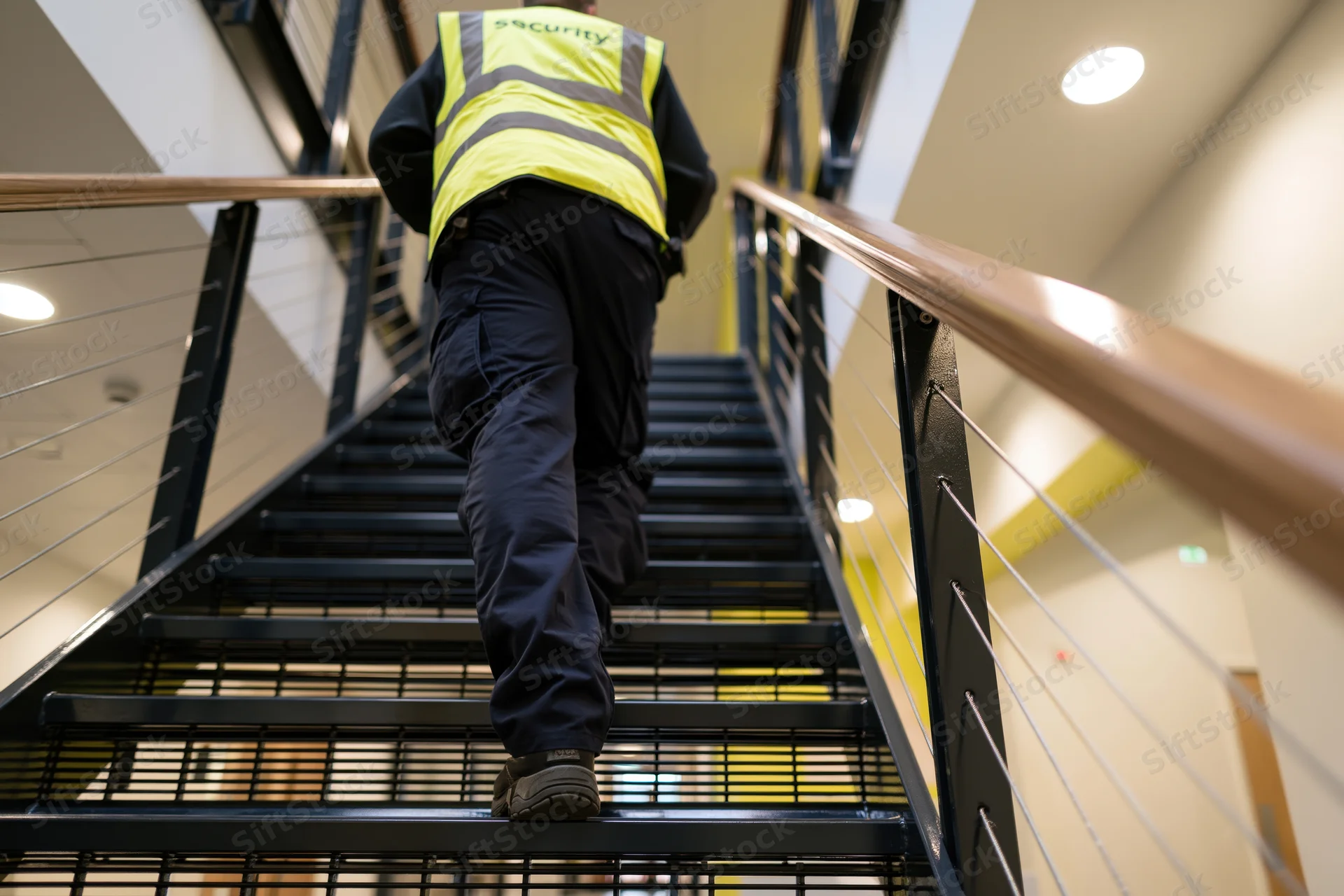 Security guard walking up metal stairs in an indoor building interior
