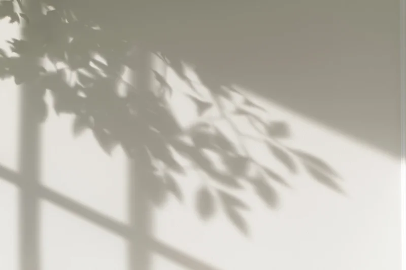 Shadow of a leafy plant branch and grid window frame cast on a light wall indoors