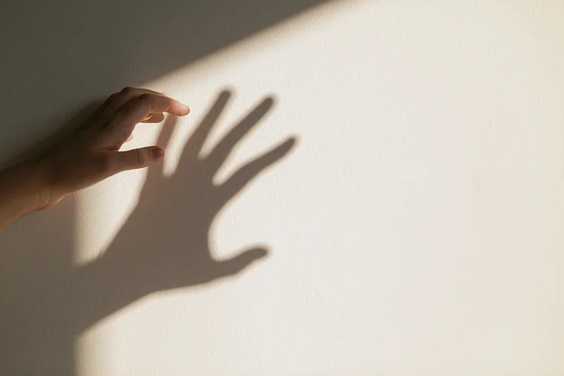 Hand casting a shadow on a plain off-white wall in soft sunlight