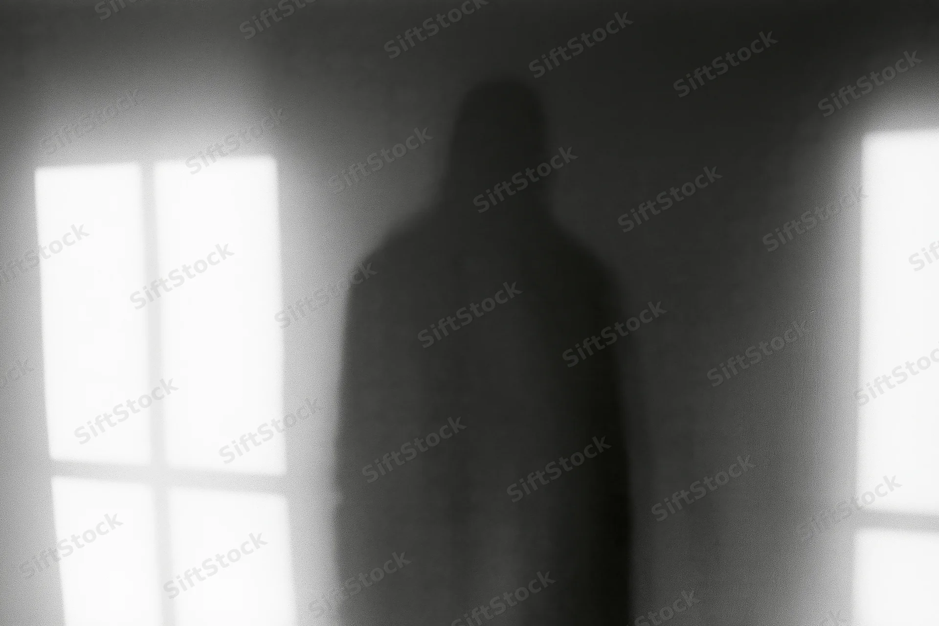 Shadow silhouette of a standing person cast on a plain interior wall between bright windows