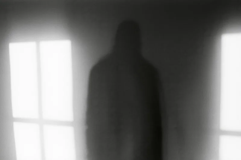 Shadow silhouette of a standing person cast on a plain interior wall between bright windows