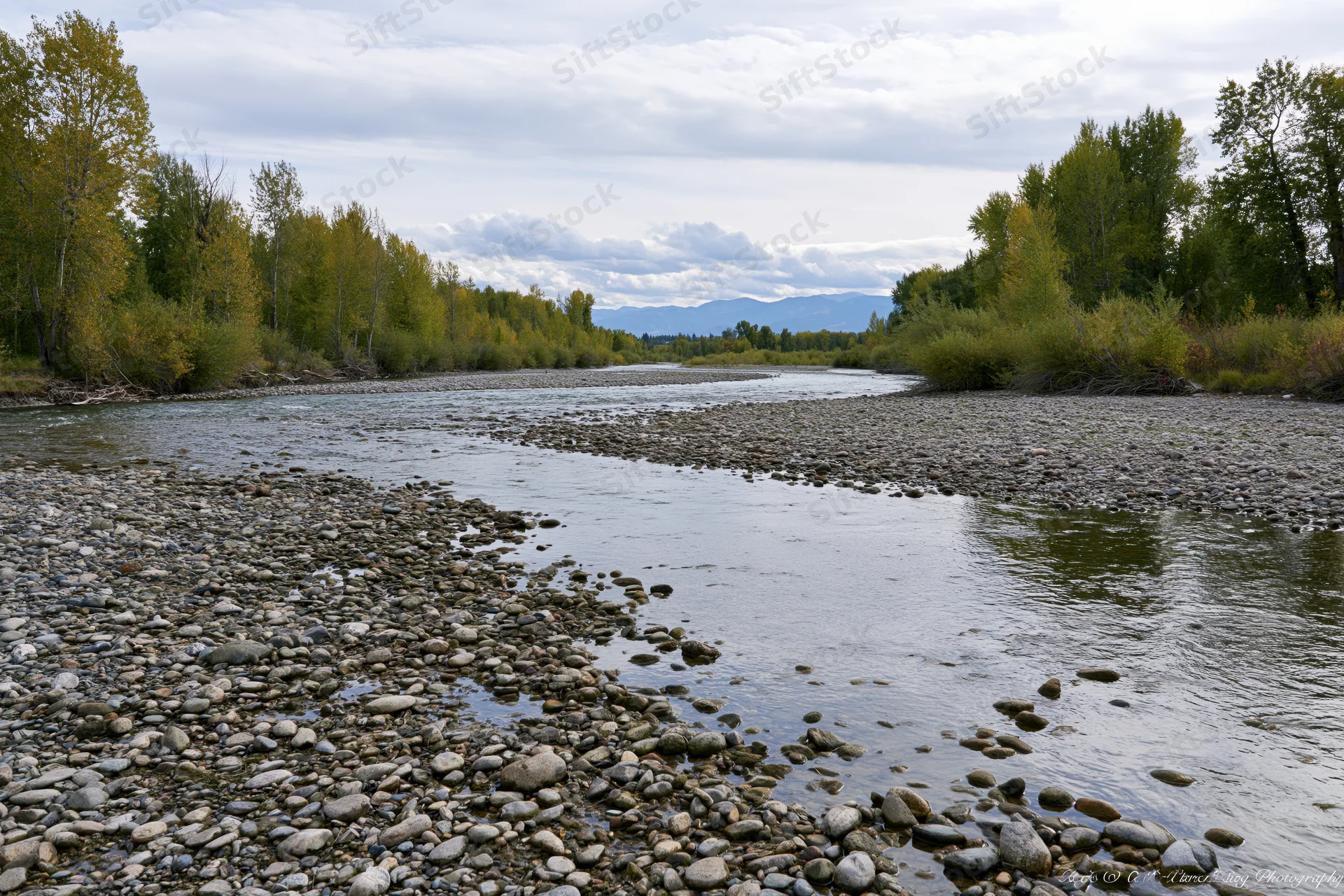 Shallow rocky river flowing through a wide valley lined with autumn trees under an overcast sky