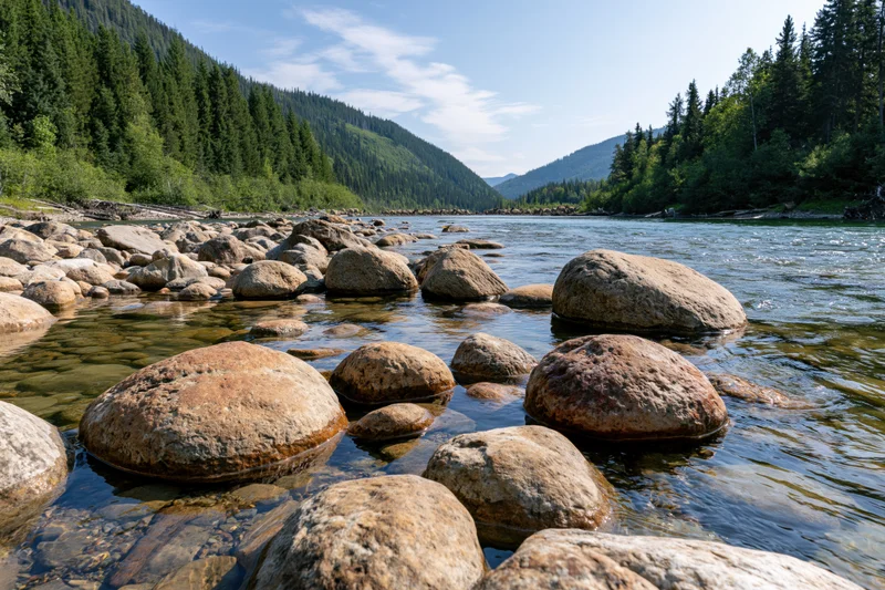 Shallow rocky river flowing through a calm mountain valley surrounded by dense forest