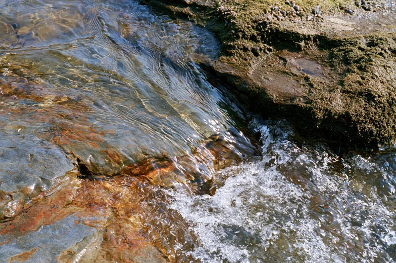 Shallow stream flowing over sandstone rocks with clear water and ripples