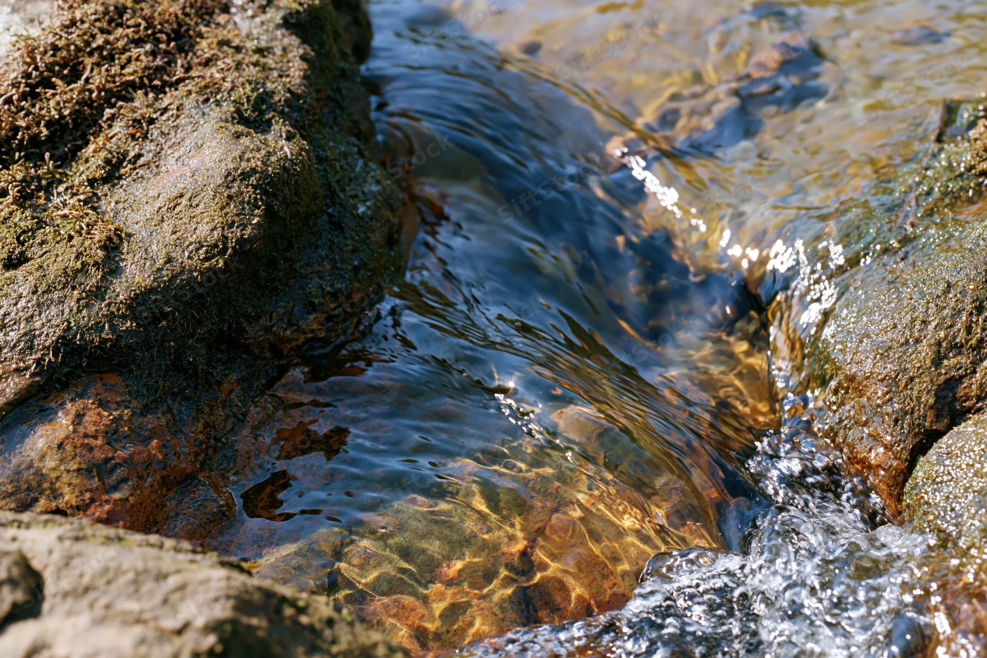 Clear water flowing over sandstone rocks in a shallow stream