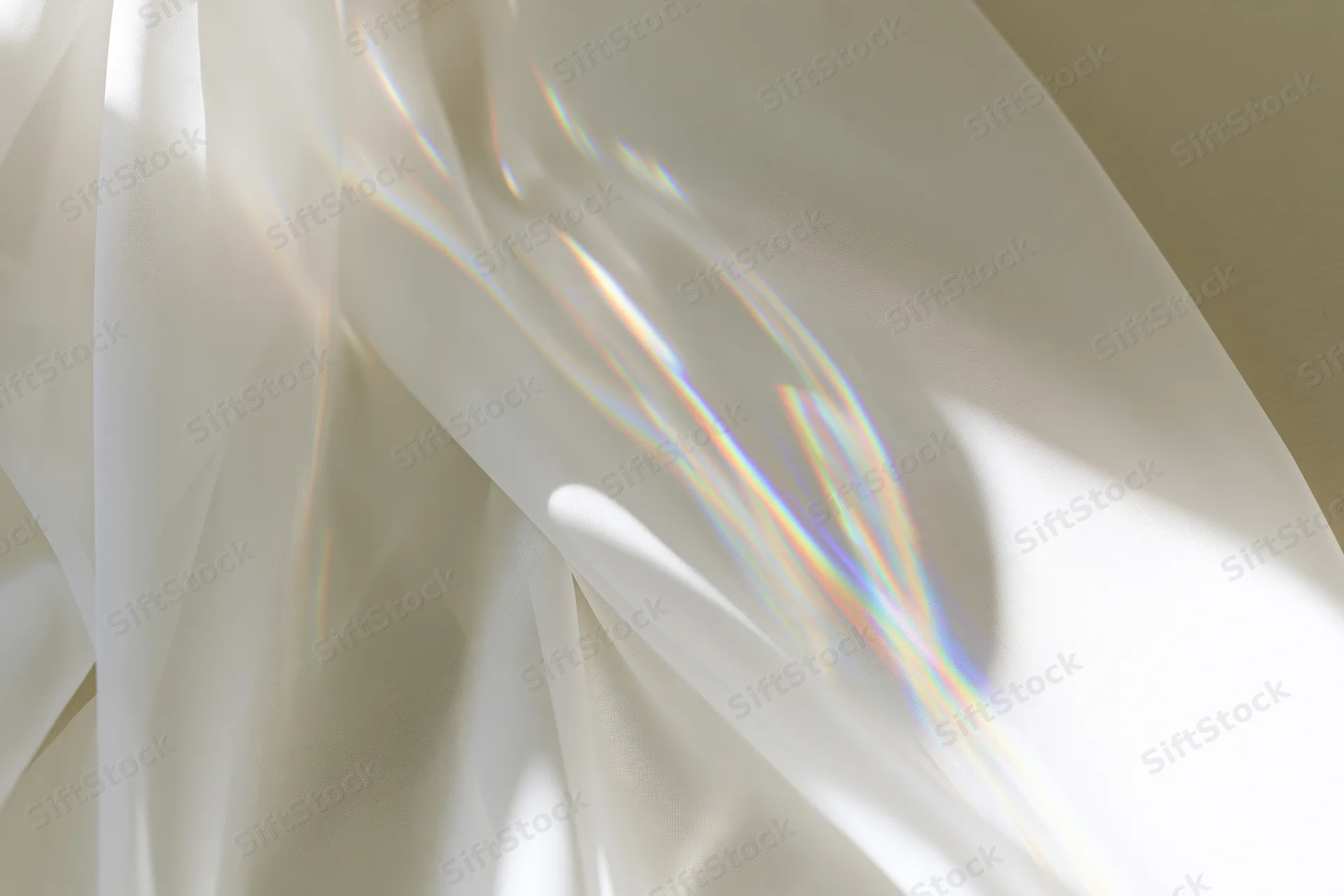 Sheer white fabric draped loosely across a pale beige wall with light refraction creating rainbow patterns