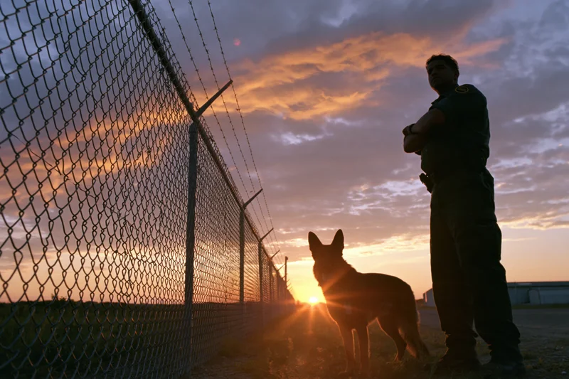 Border patrol guard standing with german shepherd dog beside chainlink fence at sunset