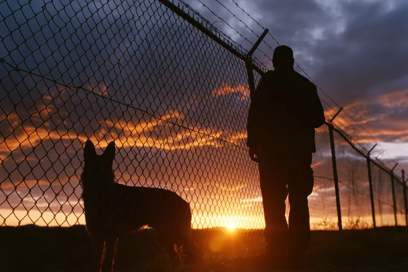 Silhouette of a border patrol guard and german shepherd dog standing by a barbed wire fence at sunset