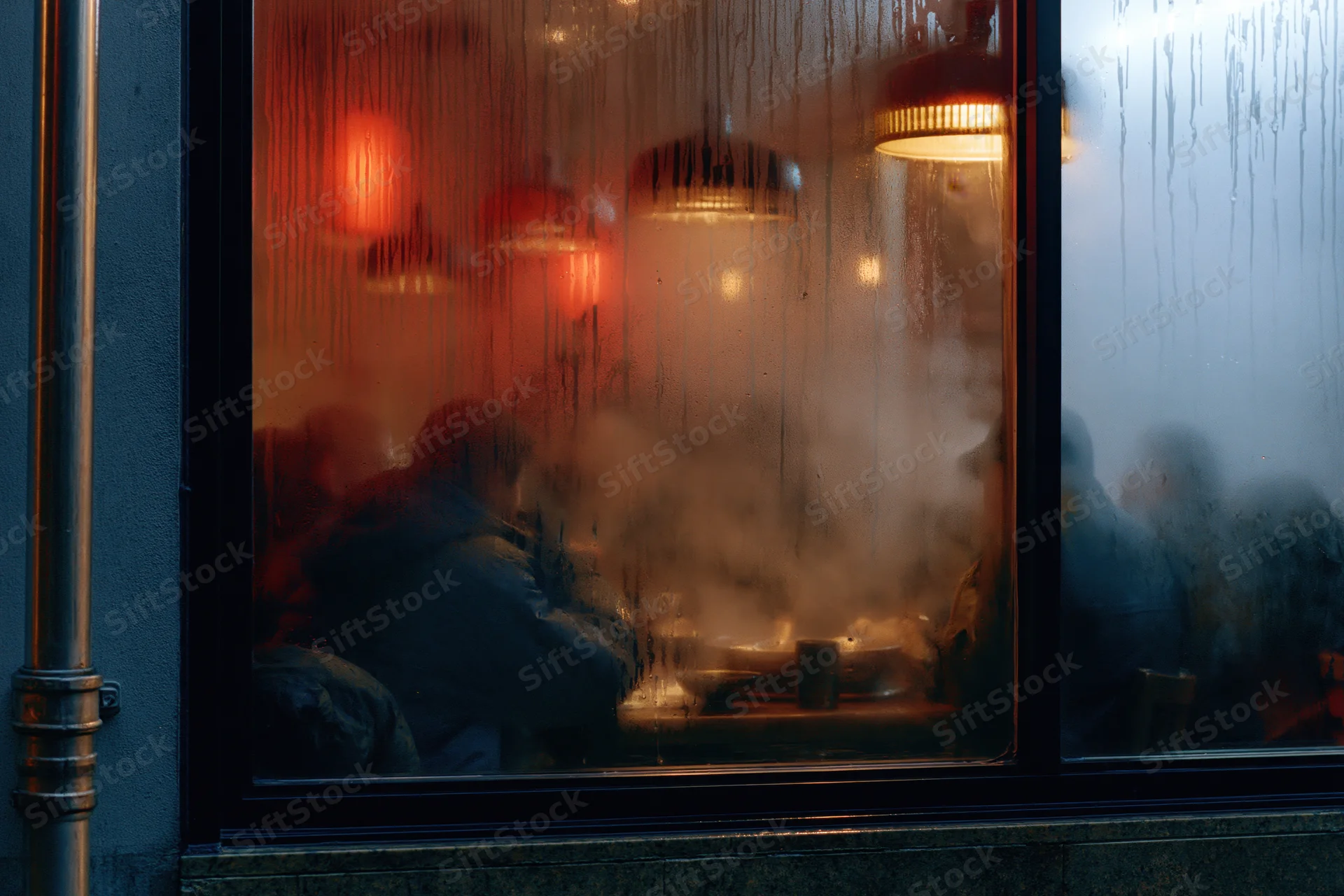Silhouettes of diners gathered around a table inside a restaurant viewed through a rain-streaked window at night